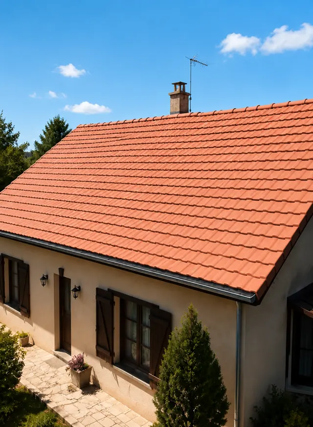 Toiture en tuiles mécaniques propre avec gouttière en bon état